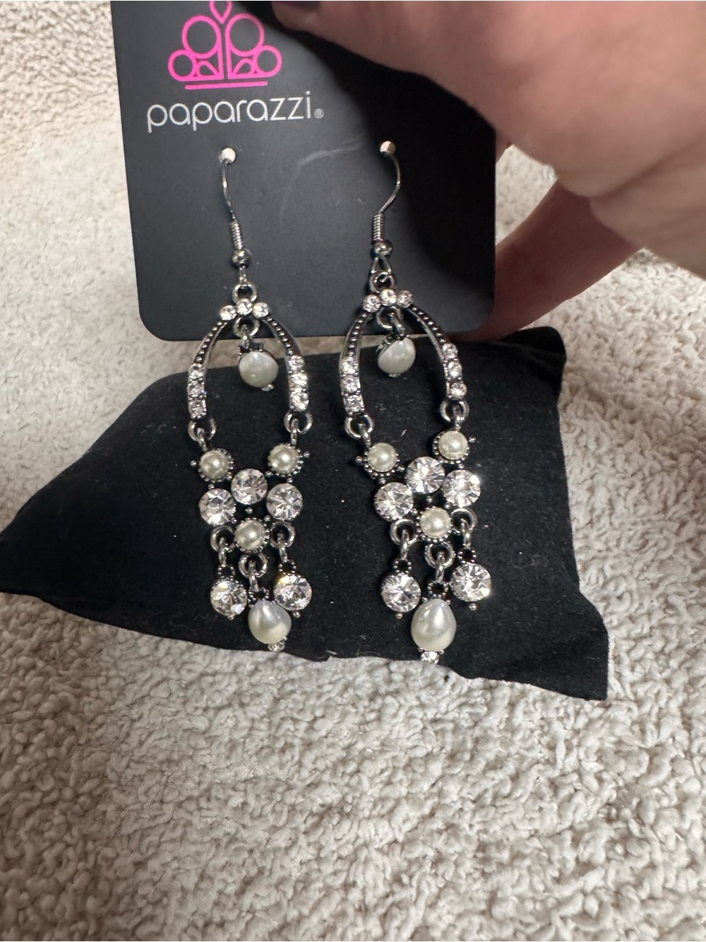 Paparazzi Silver Pearl & Crystal Chandelier Earrings - White